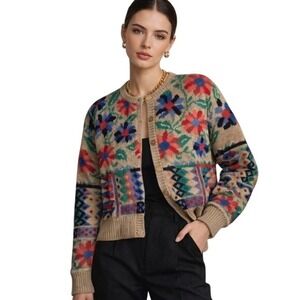 Eagles Eye Wool Floral Cardigan‎ L Beige Cottagecore Retro Knit Sweater
